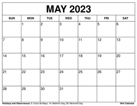 calendar template may 2023